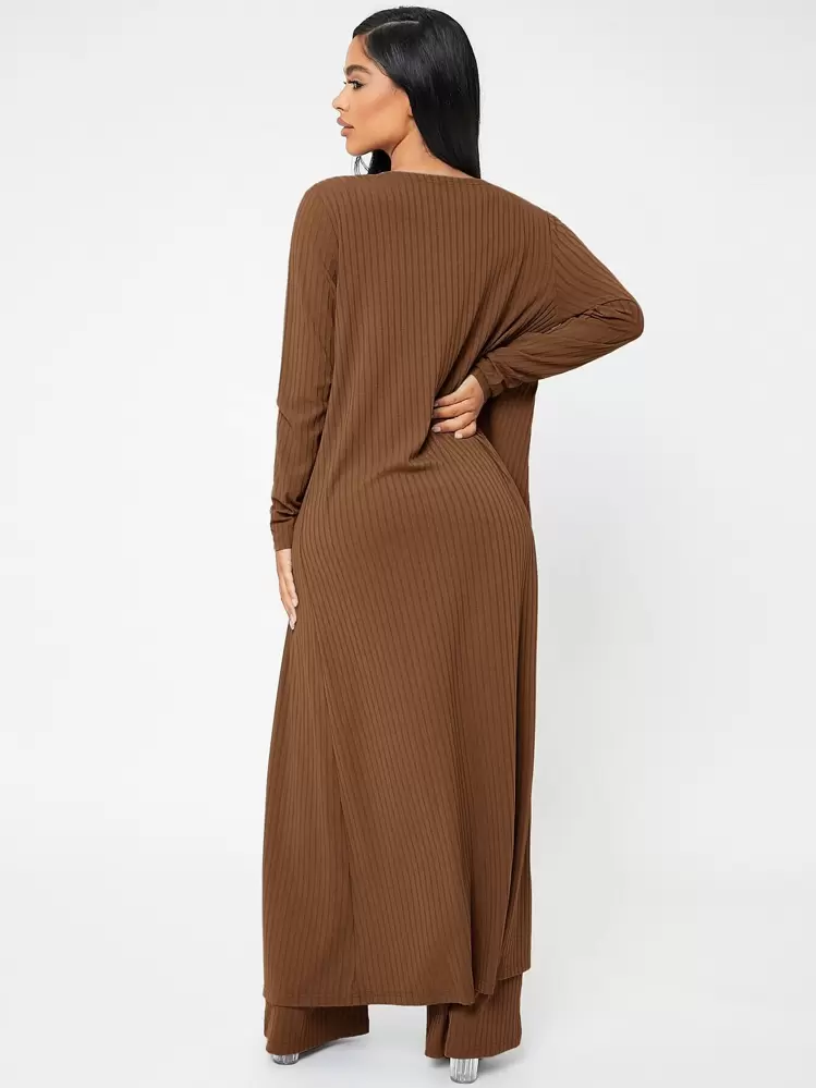 SHEIN SXY Open Front Rib-knit Coat & Pants Set With Camisole - Brown - View 2