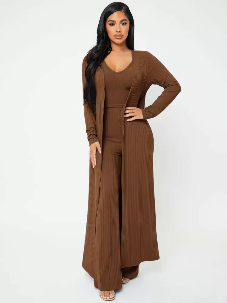 SHEIN SXY Open Front Rib-knit Coat & Pants Set With Camisole - Brown - View 4