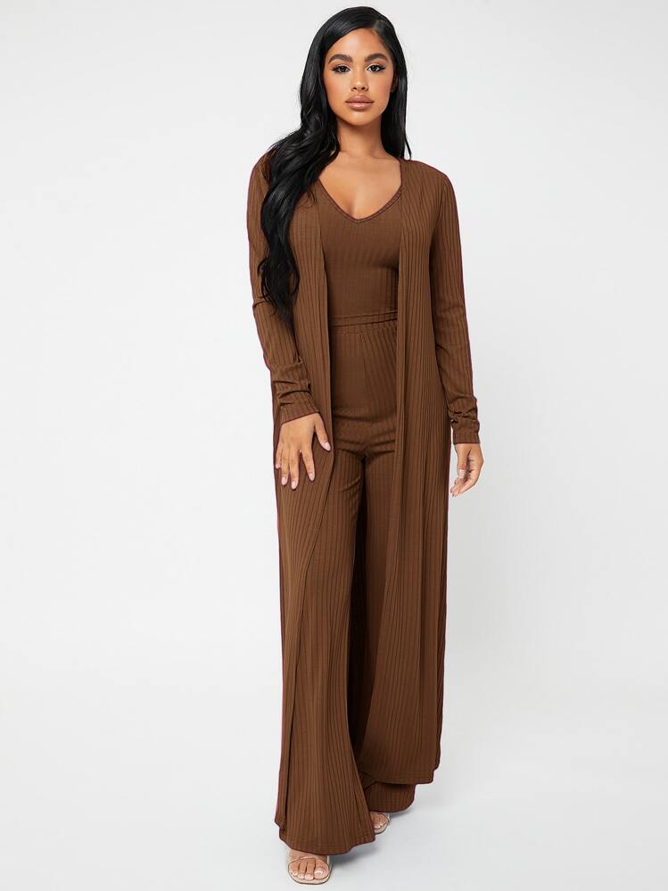 SHEIN SXY Open Front Rib-knit Coat & Pants Set With Camisole - Brown - View 5
