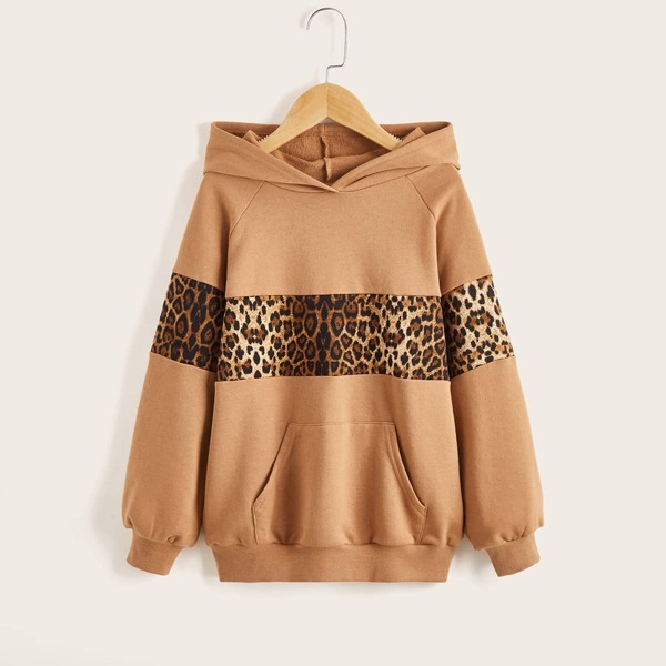 

Girls Leopard Print Kangaroo Pocket Hoodie, Khaki