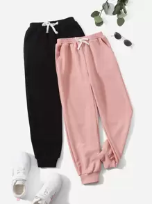 SHEIN Leap Crew Tween Girl 2pcs Solid Color Casual Sports Pants With Front Bow - Multicolor - View 1