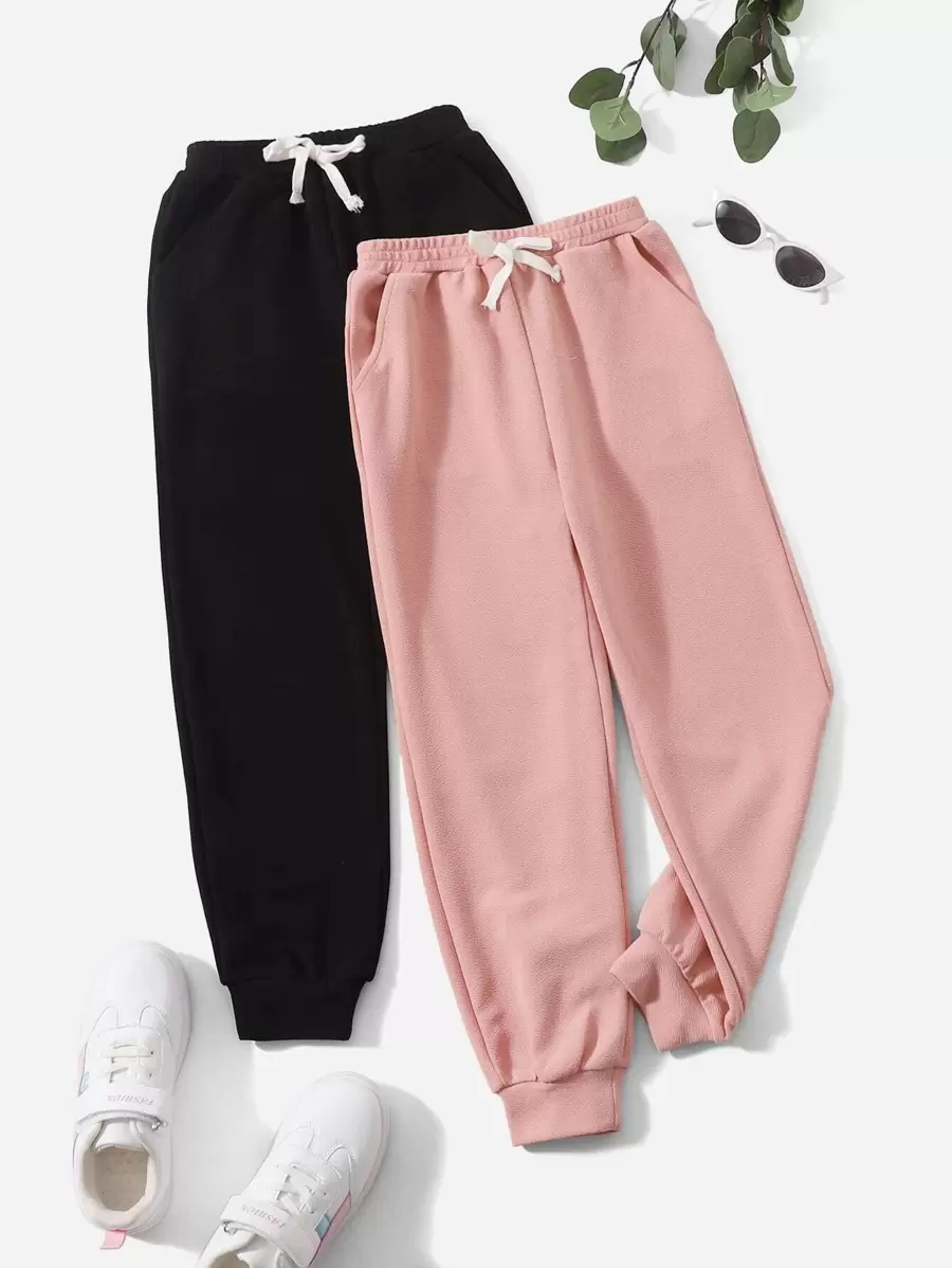 SHEIN Leap Crew Tween Girl 2pcs Solid Color Casual Sports Pants With Front Bow - Multicolor - View 1