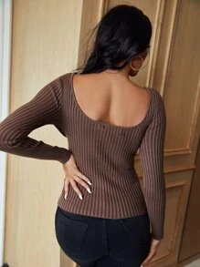 SHEIN SXY Áo len nữ Trọn gói Gân đan màu trơn Giải trí - Cà phê nâu - Xem 2