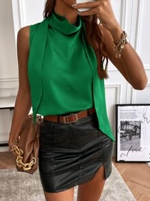 SHEIN BIZwear Cowl Neck Ribbon Sleeveless Blouse Workwear - Green - View 5