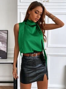 SHEIN BIZwear Cowl Neck Ribbon Sleeveless Blouse Workwear - Green - View 4