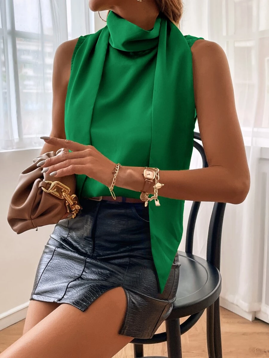 SHEIN BIZwear Cowl Neck Ribbon Sleeveless Blouse Workwear - Green - View 1