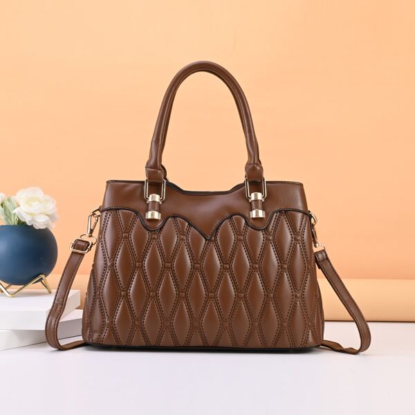 

Textured Metal Detail Top Handle Bag, Coffee brown