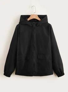 SHEIN Flap Pocket Zipper Hooded Jacket - Black - View 1
