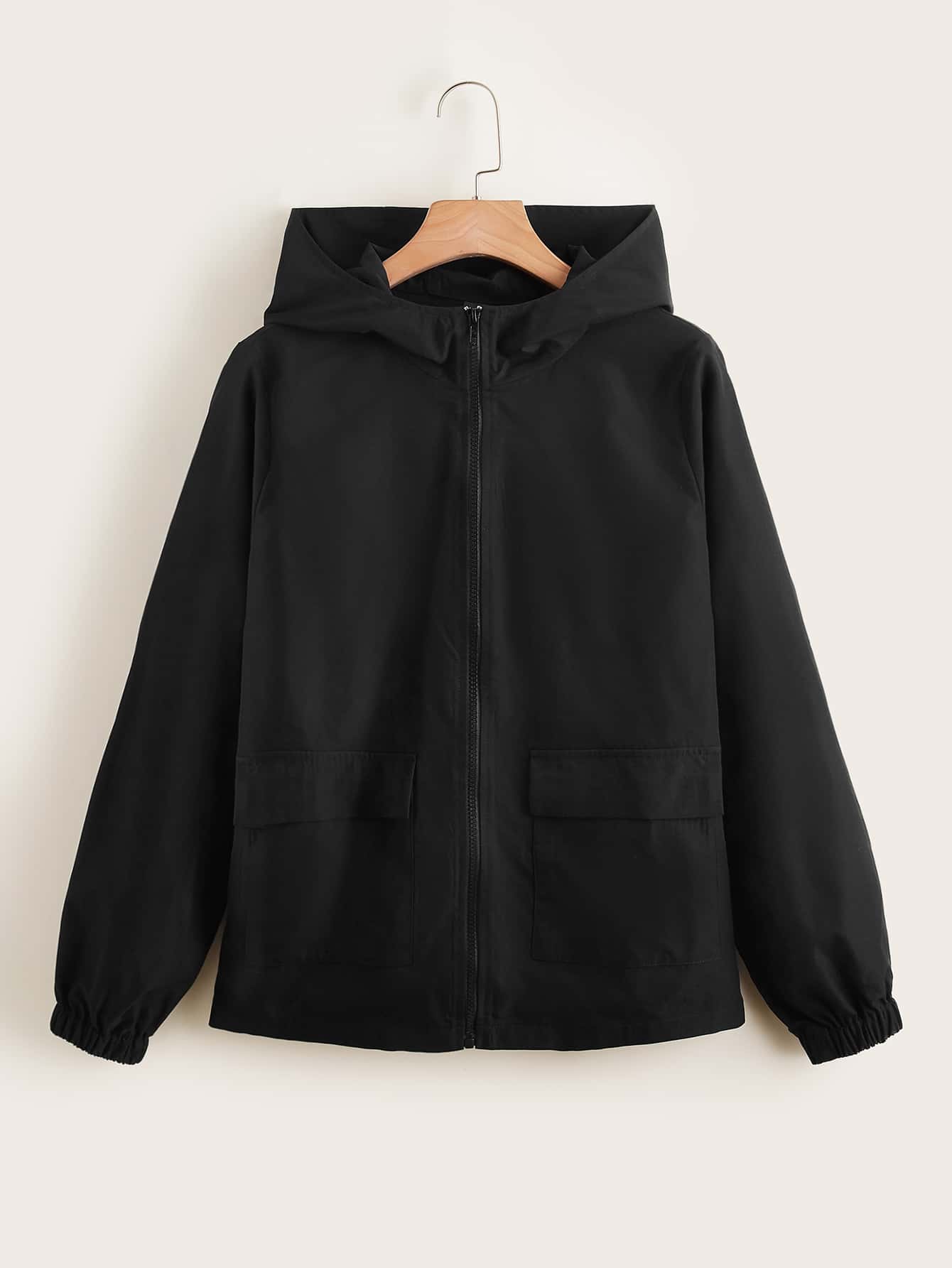 SHEIN Flap Pocket Zipper Hooded Jacket - Black - View 1