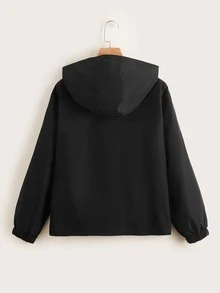 SHEIN Flap Pocket Zipper Hooded Jacket - Black - View 2