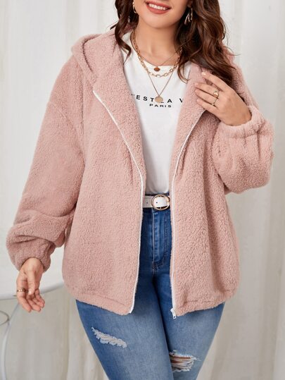 Plus Drop Shoulder Zipper Hooded Flannel Jacket