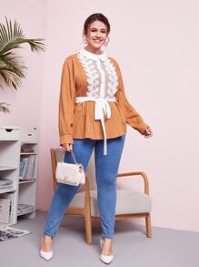 Mulvari Blusa de espalda con abertura de ojo con encaje con cinturón - Marrón - Ver 4