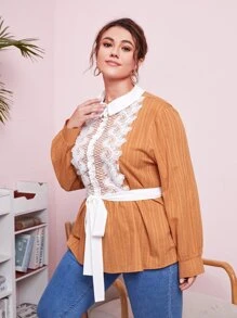 Mulvari Blusa de espalda con abertura de ojo con encaje con cinturón - Marrón - Ver 5