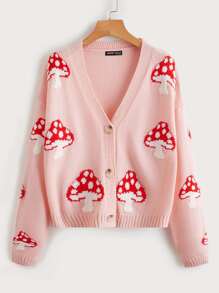 SHEIN Qutie Mushroom Pattern Cardigan - Baby Pink - View 1