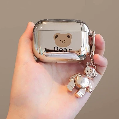 苹果泰迪熊可爱东西银色 Y2k 卡通熊图案保护壳兼容 AirPods1/2 AirPods Pro