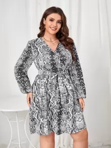Vestido con estampado de piel de serpiente de manga farol - Blanco y Negro - Ver 1