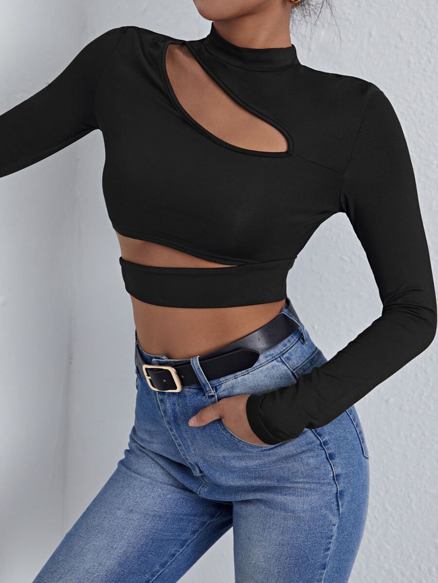 SHEIN Privé Peekaboo Front Crop Tee - Black - View 1