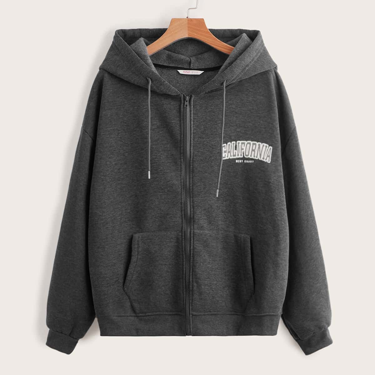 

Letter Zip Up Pocket Drawstring Hoodie, Dark grey