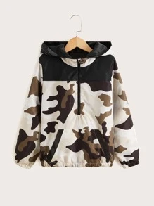 SHEIN Tween Boy 迷彩印花半拉链袋鼠口袋连帽冬季外套