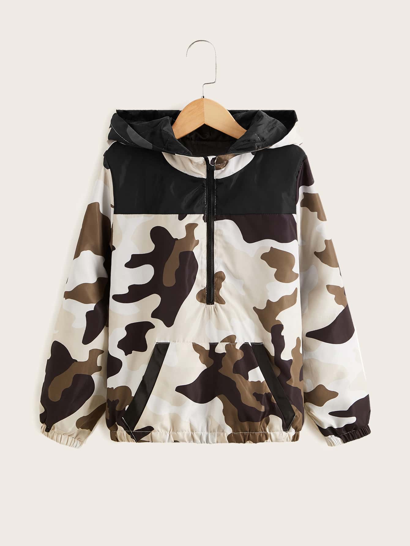 SHEIN Tween Boy 迷彩印花半拉链袋鼠口袋连帽冬季外套