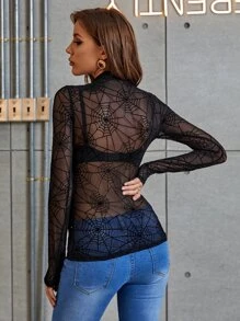 Top con estampado de telaraña de malla - Negro - Ver 2