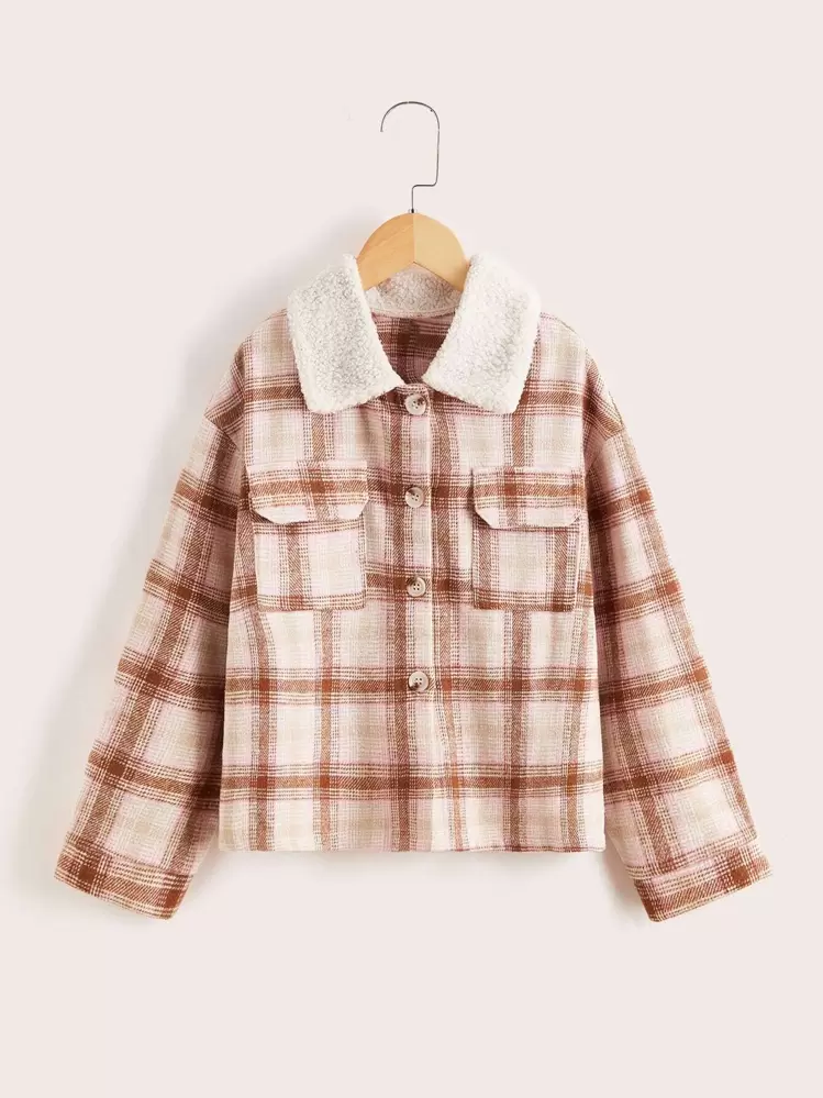 SHEIN 女孩格紋羊絨領口翻蓋口袋落肩袖花呢外套 - 彩色 - 查看 1