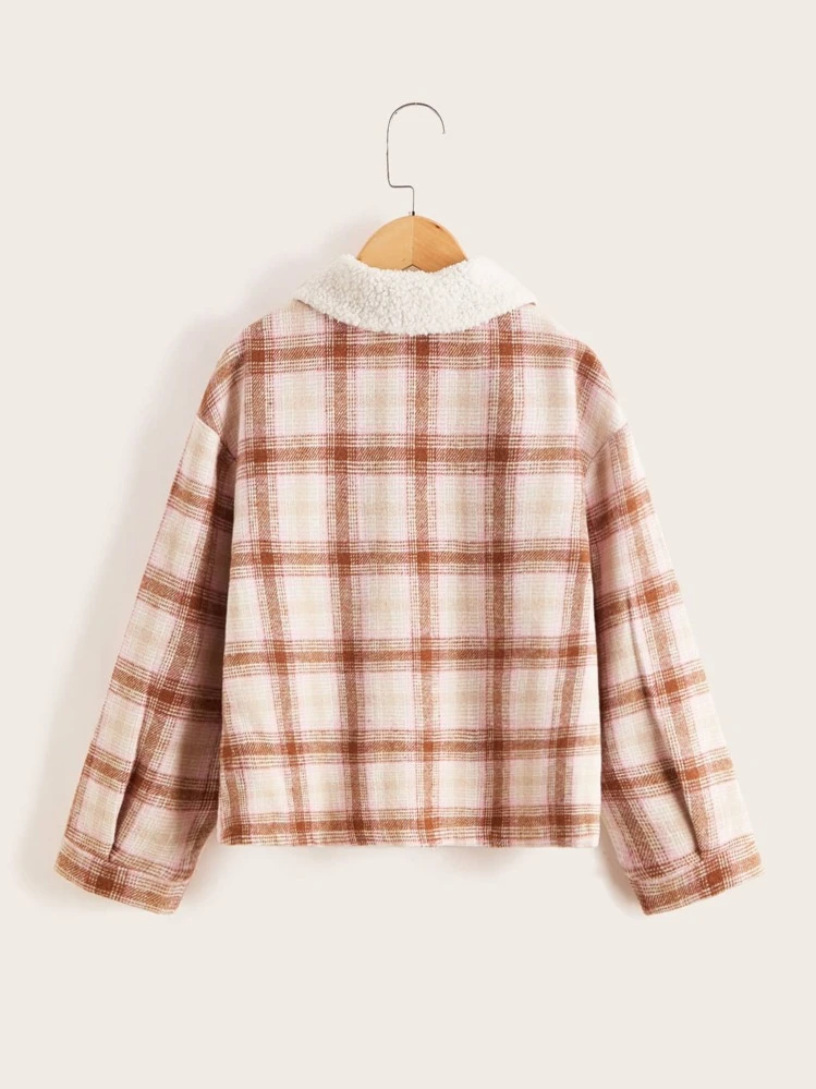 SHEIN 女孩格紋羊絨領口翻蓋口袋落肩袖花呢外套 - 彩色 - 查看 2