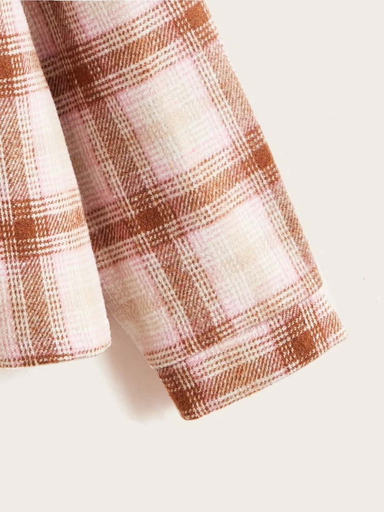 SHEIN 女孩格紋羊絨領口翻蓋口袋落肩袖花呢外套 - 彩色 - 查看 3