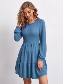SHEIN Vestido unicolor bajo con volante - Azul - Ver 1