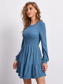SHEIN Vestido unicolor bajo con volante - Azul - Ver 3