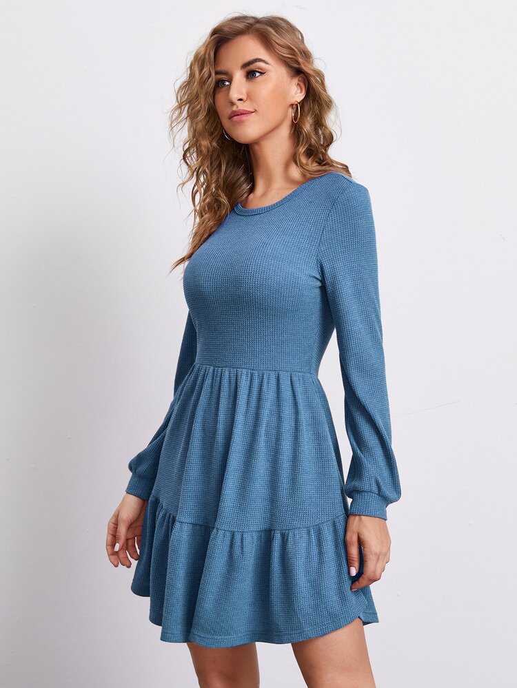 SHEIN Vestido unicolor bajo con volante - Azul - Añade 3