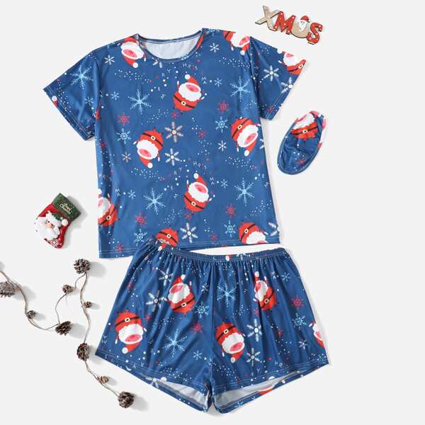

Plus Christmas Print PJ Set With Eye Cover, Blue