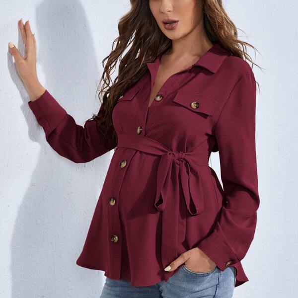 

Maternity Flap Detail Belted Blouse, Burgundy
