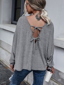 SHEIN Essnce Camiseta de hombros caídos unicolor con cordón trasero - Gris - Ver 3