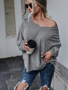 SHEIN Essnce Camiseta de hombros caídos unicolor con cordón trasero - Gris - Ver 4