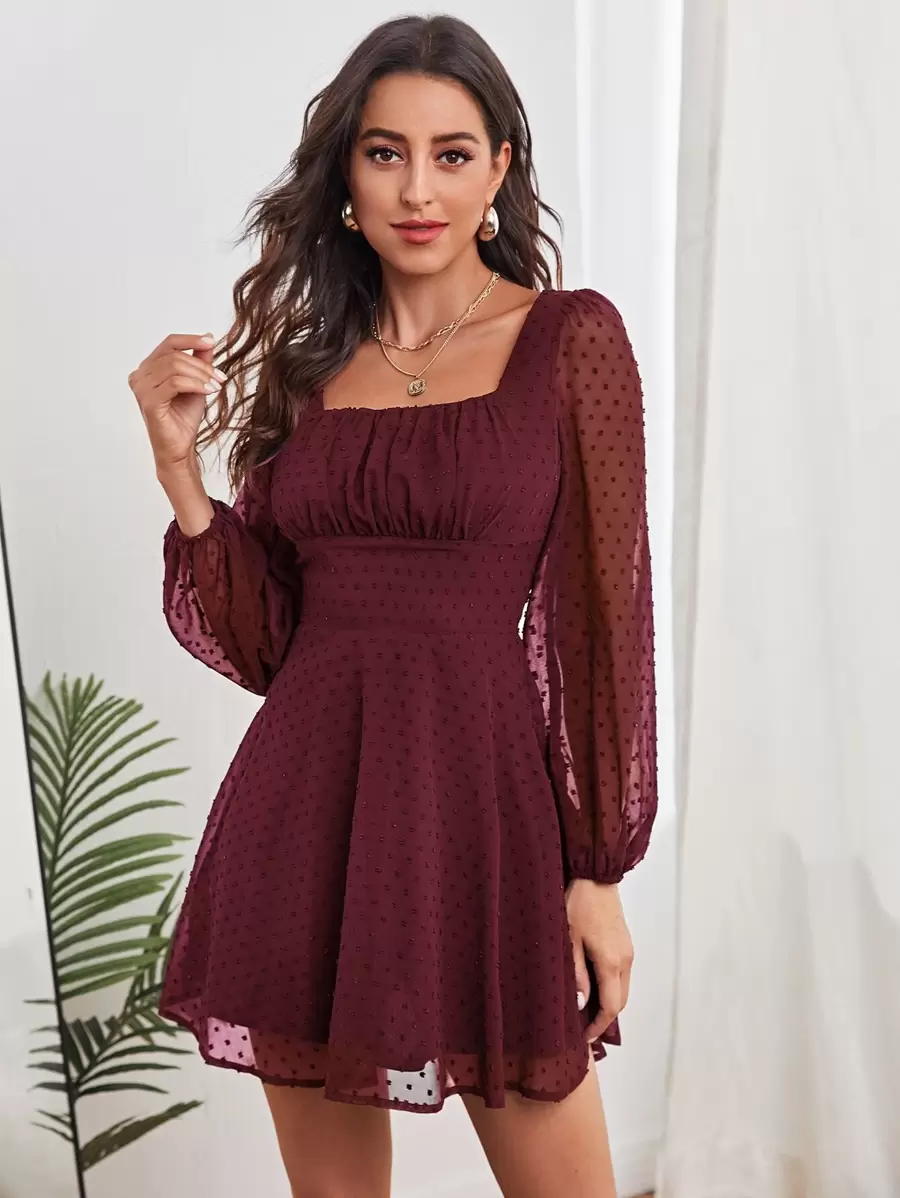 Firerie Ruched Bust Lantern Sleeve Swiss Dot Dress - Burgundy - View 1