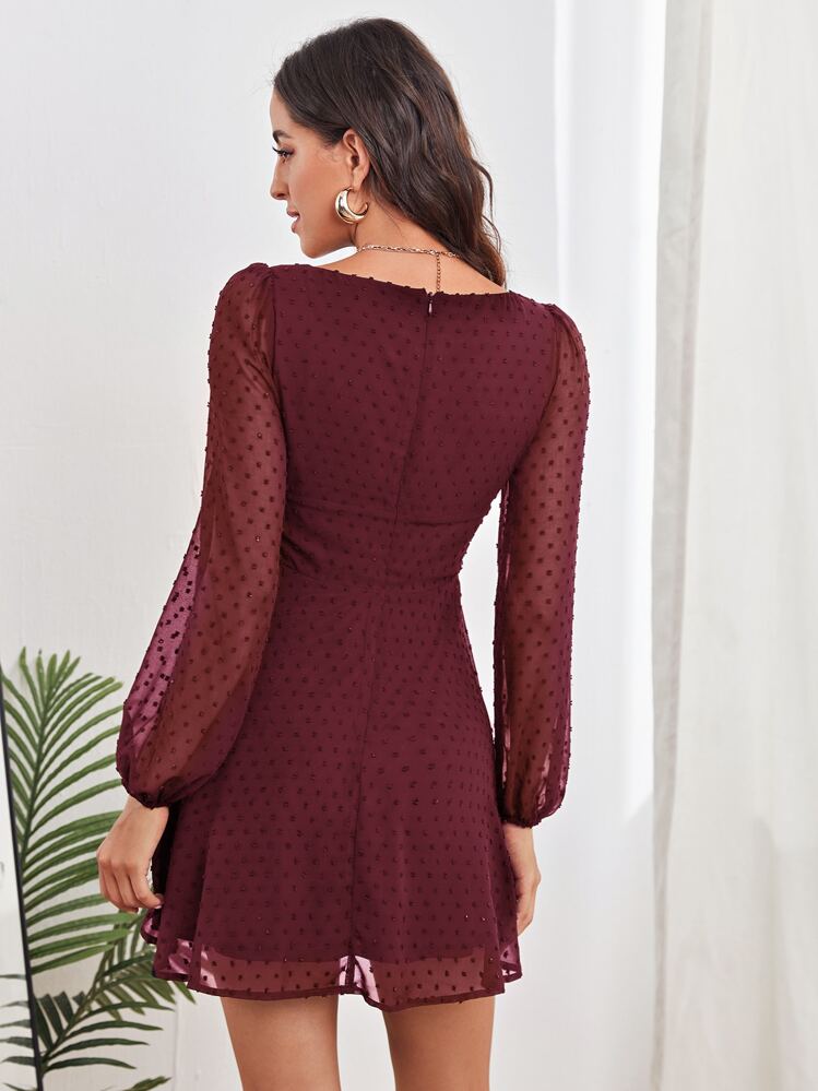 Firerie Ruched Bust Lantern Sleeve Swiss Dot Dress - Burgundy - View 2