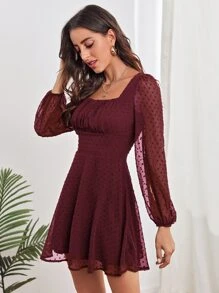 Firerie Ruched Bust Lantern Sleeve Swiss Dot Dress - Burgundy - View 5