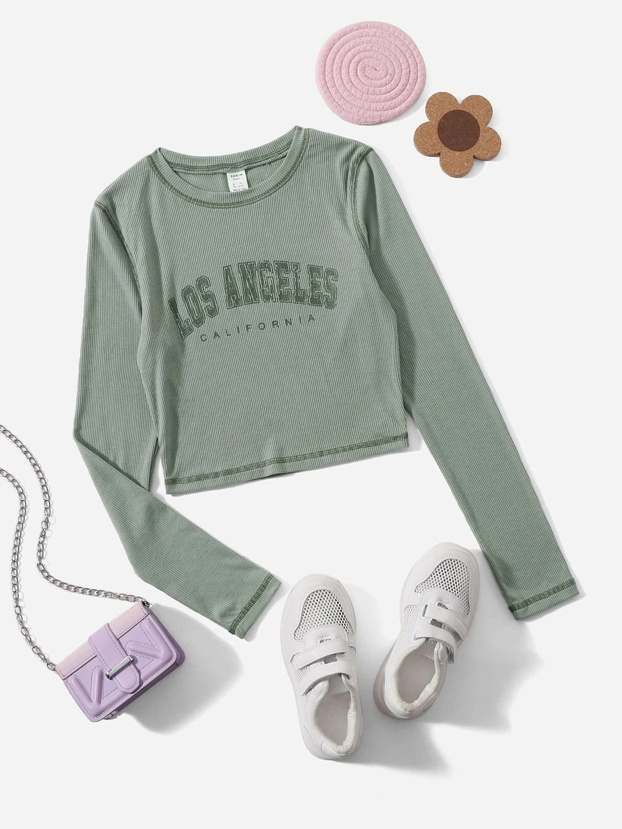 SHEIN Chicas adolescentes Camiseta tejido de canalé con estampado de letra con puntada - verde menta - Ver 1