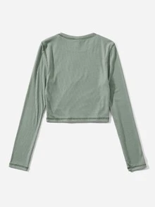 SHEIN Chicas adolescentes Camiseta tejido de canalé con estampado de letra con puntada - verde menta - Ver 2