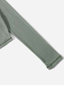 SHEIN Chicas adolescentes Camiseta tejido de canalé con estampado de letra con puntada - verde menta - Ver 3