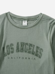 SHEIN Chicas adolescentes Camiseta tejido de canalé con estampado de letra con puntada - verde menta - Ver 4