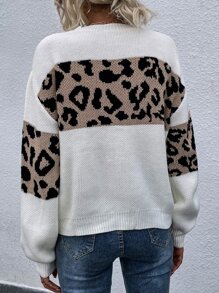 豹紋落肩袖套頭毛衣 - 彩色 - 查看 2