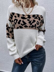 豹紋落肩袖套頭毛衣 - 彩色 - 查看 3