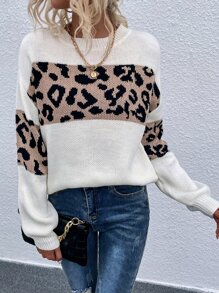豹紋落肩袖套頭毛衣 - 彩色 - 查看 4