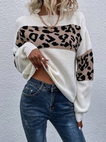 豹紋落肩袖套頭毛衣 - 彩色 - 查看 5