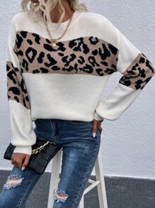 豹紋落肩袖套頭毛衣 - 彩色 - 查看 7