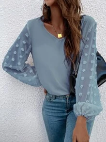 SHEIN LUNE 圓點燈籠袖襯衫 - 霧霾藍 - 查看 1