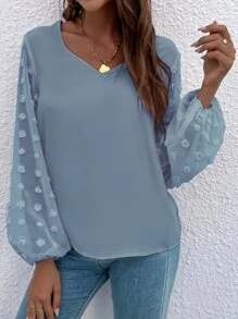 SHEIN LUNE 圓點燈籠袖襯衫 - 霧霾藍 - 查看 3