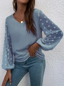 SHEIN LUNE 圓點燈籠袖襯衫 - 霧霾藍 - 查看 4